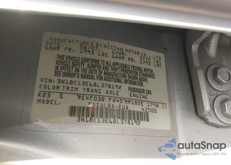 2008 Nissan Versa 1.8S z USA, uszkodzony, nr VIN 3N1BC13E68L378192